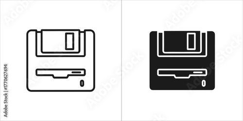 Outline and solid black icon of a floppy disk, a classic data storage medium
