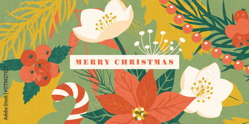Colorful Christmas banner with poinsettia, hellebore flowers and candy cane. Winter holiday design with retro texture for card or website background, vector illustration.