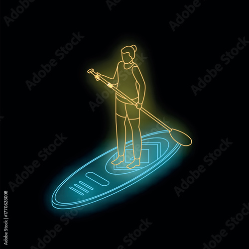 Neon illustration of a woman standing on a sup board, paddling on the water at night