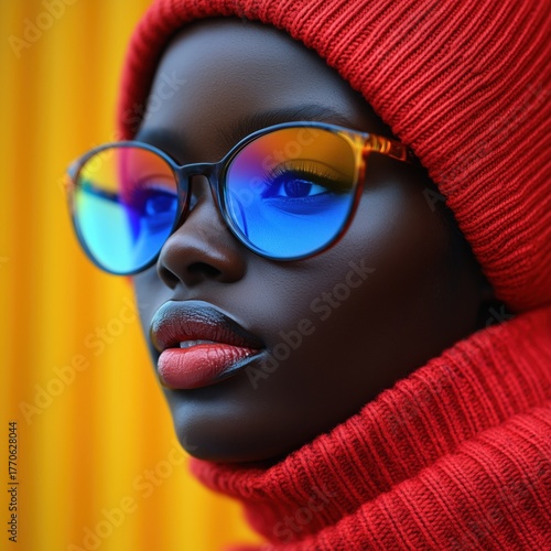  A woman wearing a red hat and glasses