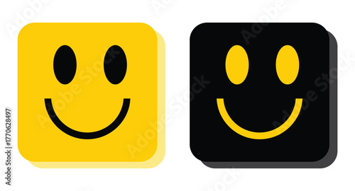 Two stylized square faces, one yellow and one black, both happily smile with transparent background
