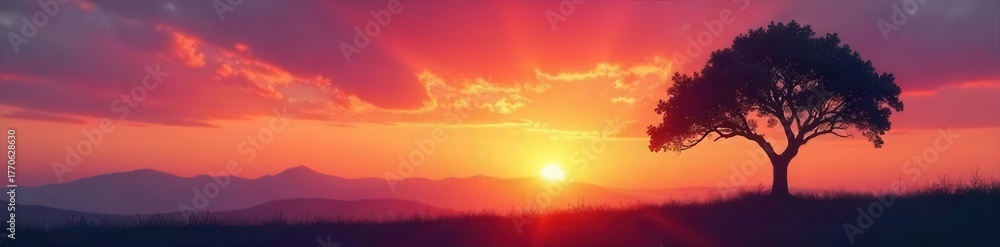 Obraz premium Sunrise silhouette of miniature tree, vibrant sky , silhouette, texture