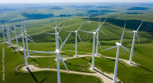 Close up rows of modern white wind turbines on green hills generate clean energy under a clear blue sky