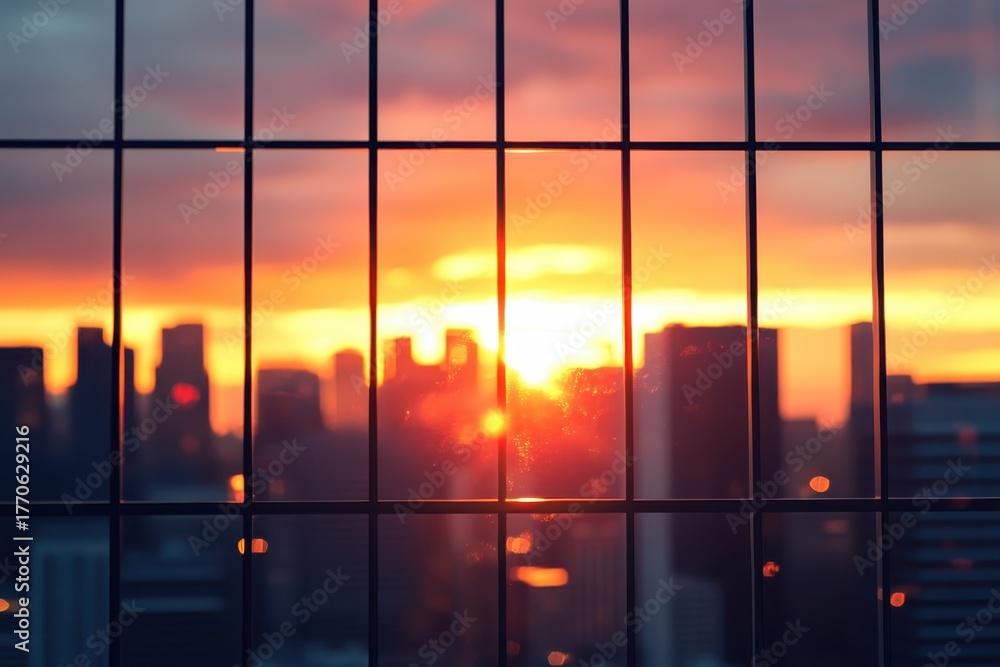 Fototapeta premium Sunset City View Through Modern Window Grid.