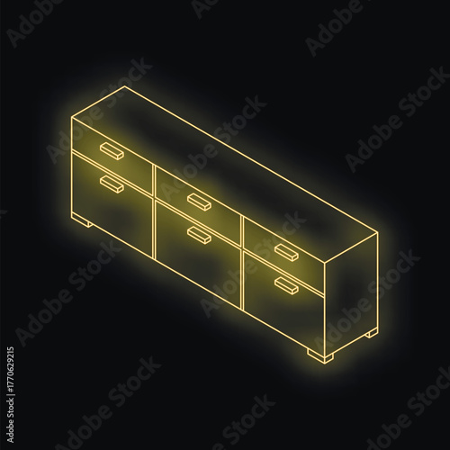 Isometric view of a modern chest of drawers illuminated by a yellow neon light, creating a stylish and futuristic atmosphere