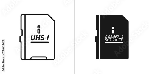 Two icons of a uhsi sd card, one in outline and one in solid black