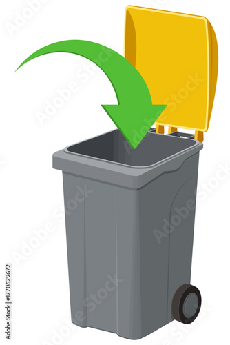 Gray recycling bin with a yellow lid open, and a green curved arrow pointing inside. Concept for sorting waste or eco-friendly disposal. (cut out)