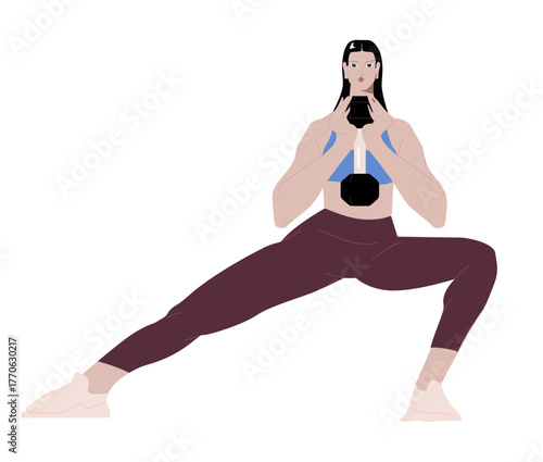 Woman training, doing lunges with dumbbell vector flat illustration. Female practicing warming up or fitness workout with sports equipment isolated on white. Sportswoman enjoying physical activity 