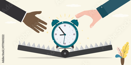 Animal trap with alarm clock. Poor time management, bait. Deception concept. Various multiethnic people want catching watch in trap.