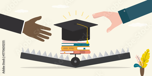 Animal trap that uses knowledge is a bait. Deception, fake education, lure. Various multiethnic people want catching graduation hat and knowledges at trap.