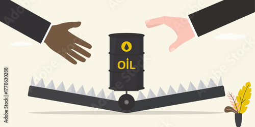 Businessmen investor hands reaches for oil barrel in animal trap, risk from investment in oil industry. uncertainty in commodity market, traders risks falling in trap,