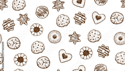 Cookie pattern on white, hand drawn illustration.	

