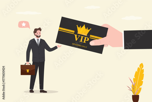 Businessman give vip card for male buyer. Privileges, premium account, members only, customers card. Promotion offer, bonus and loyalty system. Marketing campaign.