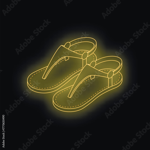 Isometric neon yellow flip flops glowing on dark background, representing summer footwear, fashion, and vacation