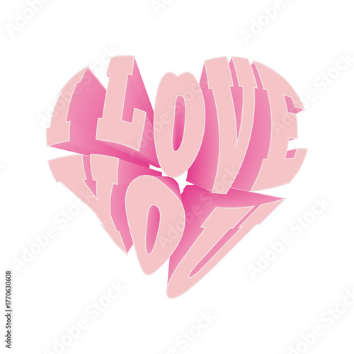 3D "I love you" inscription. Pink letters inscribed in heart shape. Vector design element for Valentine's Day, birthday, and wedding greetings.