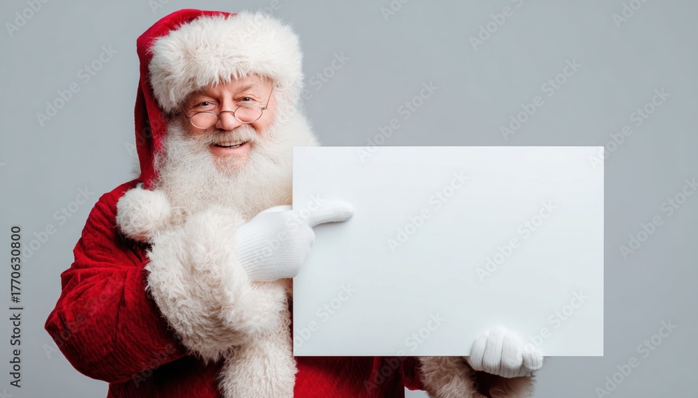 Naklejka premium Cheerful Santa Claus Pointing To Empty Advertisement With Space For Copy. Joyful Santa Claus Pointing Towards White Blank Sign. Bright And Festive Image.