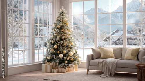 A beautiful Christmas tree adorned with light-colored ornaments next to a bright window, overlooking a winter landscape, in a cozy beige-toned living room
