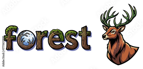 Forest wood-texture wordmark logo with globe O and deer head mascot eco vector