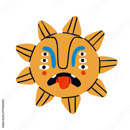 Sun Mask. Colorful unique ethnic, tribal, folk head with eyes, tongue, teeth. Abstract cute character. Hand drawn modern Vector illustration. Isolated design element