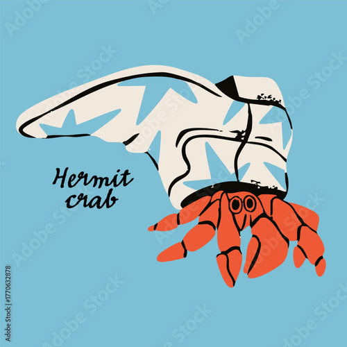 Red Hermit Crab in shoe instead of seashell. Cute character. Hand drawn modern Vector illustration. Isolated design element. Ocean, underwater, beach creature concept. Print, sticker, logo template 