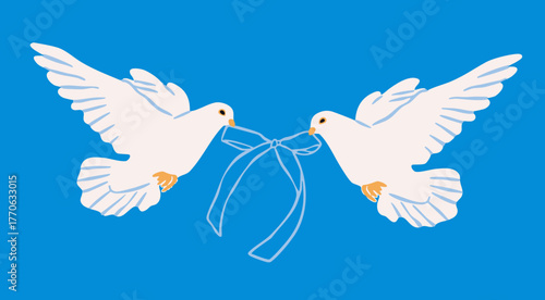Two flying doves with ribbon. Couple of white pigeon birds. Hand drawn Vector illustration. Wedding, love, romance, togetherness concept. Print, greeting, postcard template. Isolated design element