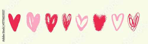 Various unique Hearts. Different textures. Unique modern style. Hand drawn trendy Vector illustration. Love, Valentine's Day, romance, affair concept. Print, logo, design templates. Isolated elements