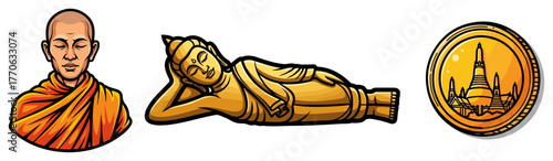 Thailand Buddhist culture icons monk Buddha statue stupa