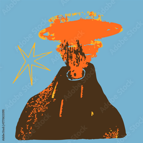 Erupting Volcano. Volcano eruption, smoke, ash, lava, magma splash. Abstract cartoon trendy style. Hand drawn modern Vector illustration. Isolated design element. Seismic activity, geology concept
