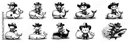 Cowboy kitten riding whale cute western cat surfing