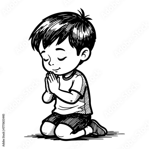 Little boy kneeling in prayer monochrome child illustration