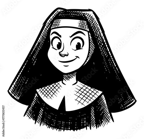 Cheerful young nun portrait retro ink drawing sister