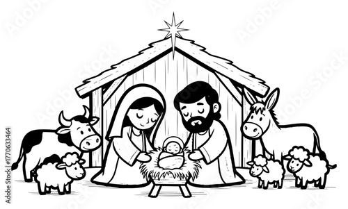 Nativity scene holy family stable animals under star line art