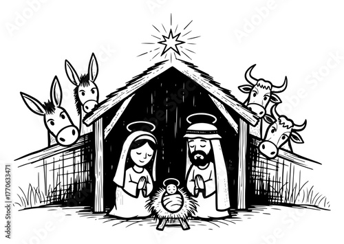 Nativity barn holy family with donkey cow sheep cartoon