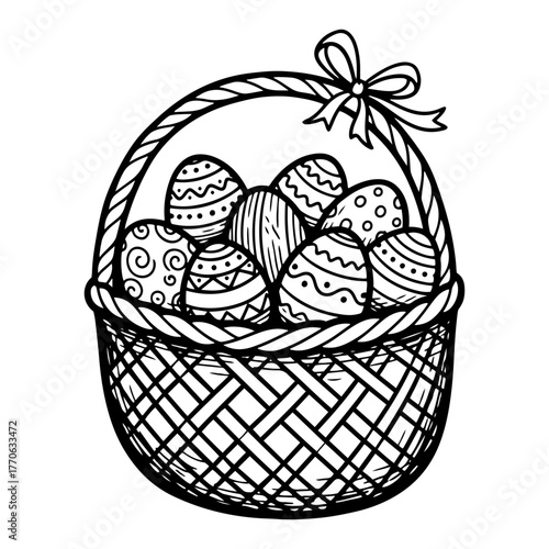 Wicker basket full of decorated Easter eggs hand-drawn