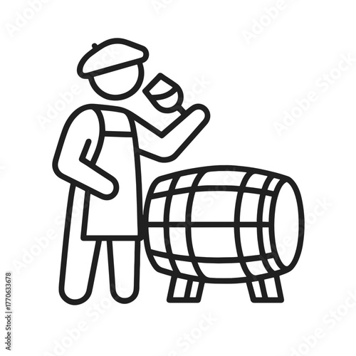 Minimal line icon of winemaker tasting wine from barrel, symbolizing wine production, cellar aging, and sommelier expertise