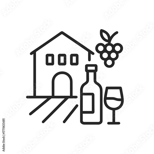 Minimal line icon of winery with bottle, wine glass, grapes, and vineyard house, symbolizing wine production and rural tourism