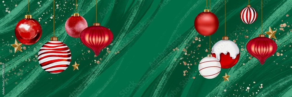 Fototapeta premium Christmas and New Year web banner with abstract green background and hanging red and gold holiday balls for seasonal celebration backdrop. Hand drawn illustration.