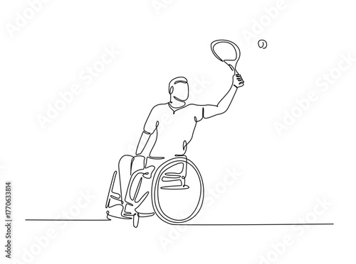 Disability tennis player on wheel chair in single outline illustration. Continuous line art drawing of man with disability playing tennis. Editable stroke.