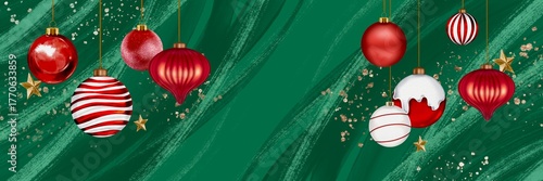 Christmas and New Year web banner with abstract green background and hanging red and gold holiday balls for seasonal celebration backdrop. Hand drawn illustration.
