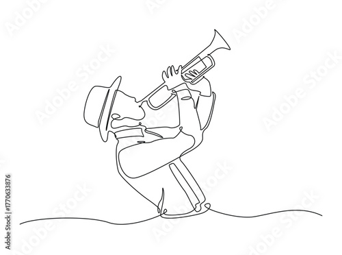 Man holds trumpet in single outline illustration. Continuous line art drawing of Classic Trumpeter . Editable stroke.