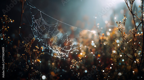 Micro Shot Of Spider Web Covered In Morning Dew Drops And Bokeh