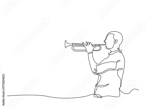 Man holds trumpet in single outline illustration. Continuous line art drawing of Classic Trumpeter . Editable stroke.