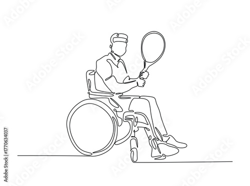 Disability tennis player on wheel chair in single outline illustration. Continuous line art drawing of man with disability playing tennis. Editable stroke.