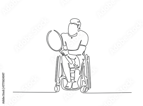 Disability tennis player on wheel chair in single outline illustration. Continuous line art drawing of man with disability playing tennis. Editable stroke.