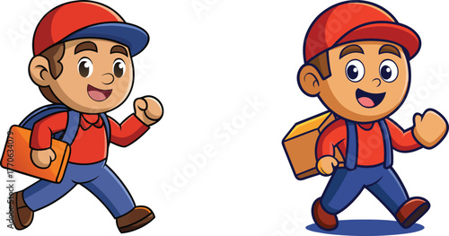 Dynamic Delivery Man Mascot Carrying Package Cheerful Cartoon Vector for Logistics and Marketing Design