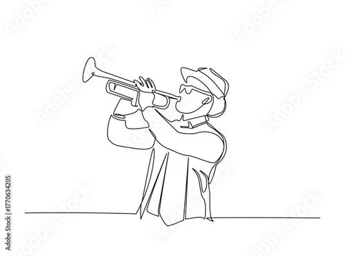 Man holds trumpet in single outline illustration. Continuous line art drawing of Classic Trumpeter . Editable stroke.
