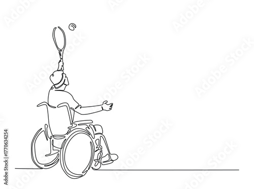 Disability tennis player on wheel chair in single outline illustration. Continuous line art drawing of man with disability playing tennis. Editable stroke.