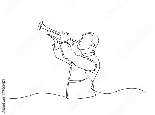 Man holds trumpet in single outline illustration. Continuous line art drawing of Classic Trumpeter . Editable stroke.