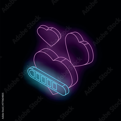 Glowing neon hearts uploading with progress bar, symbolizing online dating or virtual love