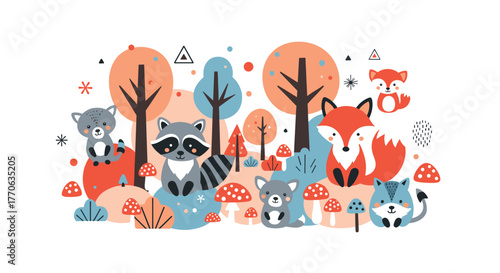 Whimsical forest scene with cute cartoon animals like foxes, raccoons, and other creatures among autumn trees and mushrooms.